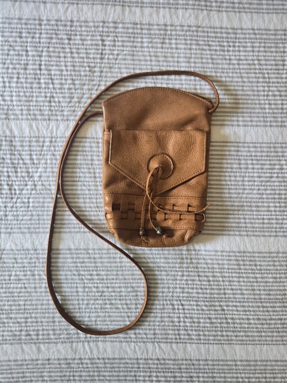 Leather Crossbody Bag with Beads and Woven Detail Boho